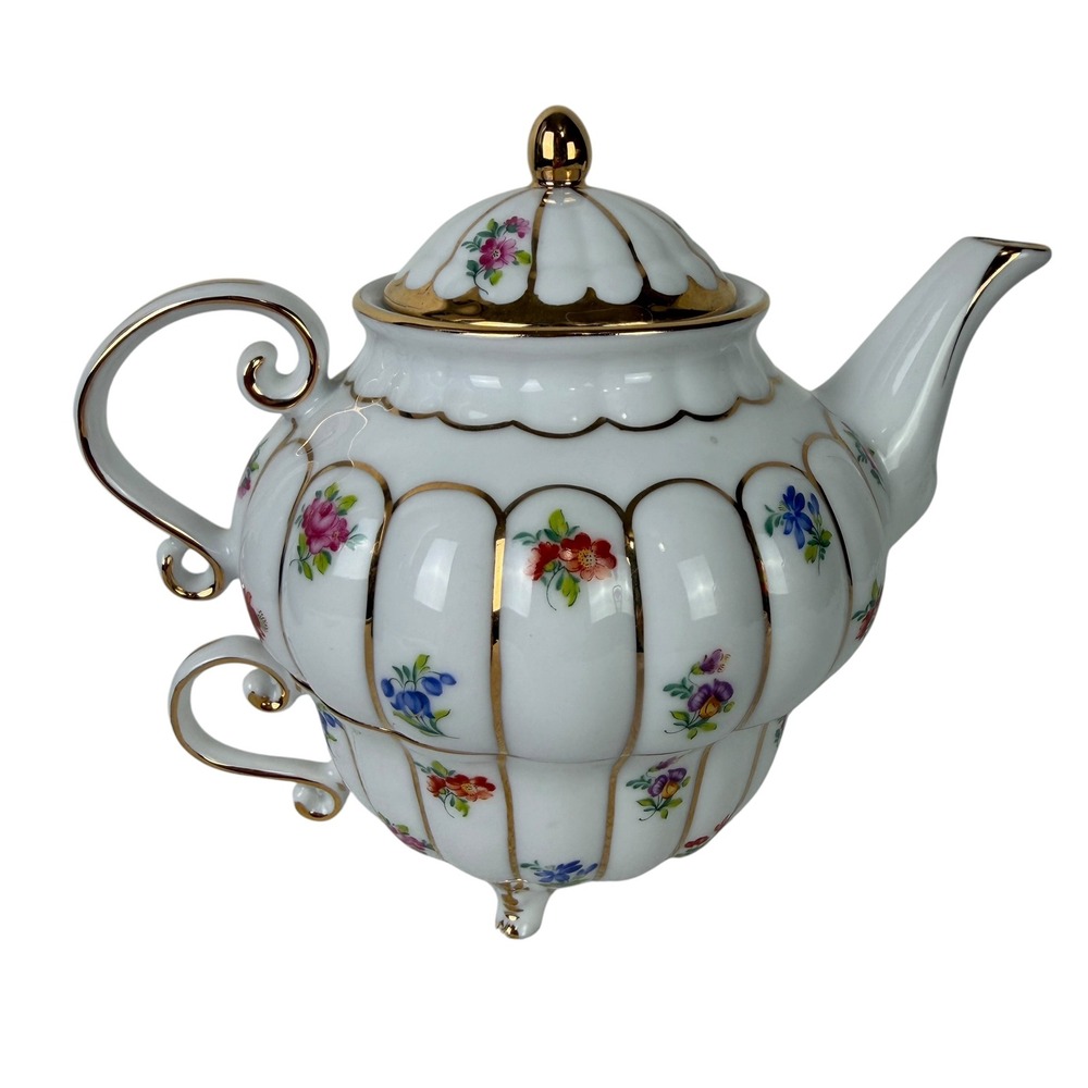 Ganz Floral Porcelain Tea for One Set White‎ Gold Trim Stackable Teapot Teacup